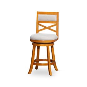 24" Counter Height X-Back Swivel Stool; Natural Finish; Beige Fabric Seat