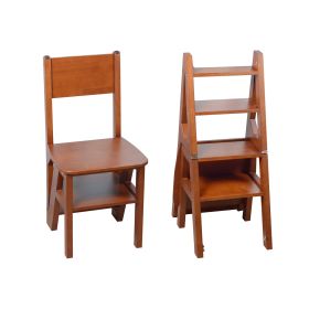 Solid Wood Step Folding Ladder Chair; Multifunction Wood Folding Stool for Home Kitchen Library Ladder Chair; Brown Finish