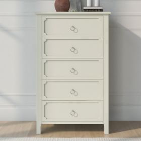 Milky White Rubber Wooden Chest Five Large Drawers Silver Metal Handles for Living Room Guest Room Bedroom