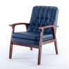 Mid Century Single Armchair Sofa Accent Chair Retro Modern Solid Wood Armrest Accent Chair, Fabric Upholstered Wooden Lounge Chair Navy