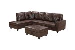 3 PC Sectional Sofa Set; (Brown) Faux Leather Right -Facing Chaise with Free Storage Ottoman