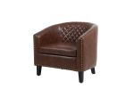 Accent Barrel chair living room chair with nailheads and solid wood legs Brown pu leather