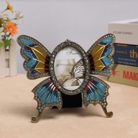 Butterfly Retro Metal Blue Photo Frame Oval Vintage Fashion Lightweight High Hardness Rhinestones Home Decor Ornament Embenllish (Color: Blue, size: 6 inch)