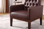 PU Leather Accent Chair; Upholstered Lounge Single Sofa Armchair; Comfortable Armchair with Wooden Legs in Log Color; Modern Button Reading Chair for